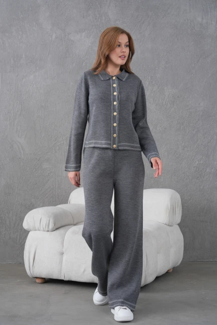 Kadın Gömlek Yaka Düğme Detay Ceket Pantolon İkili Triko Takım