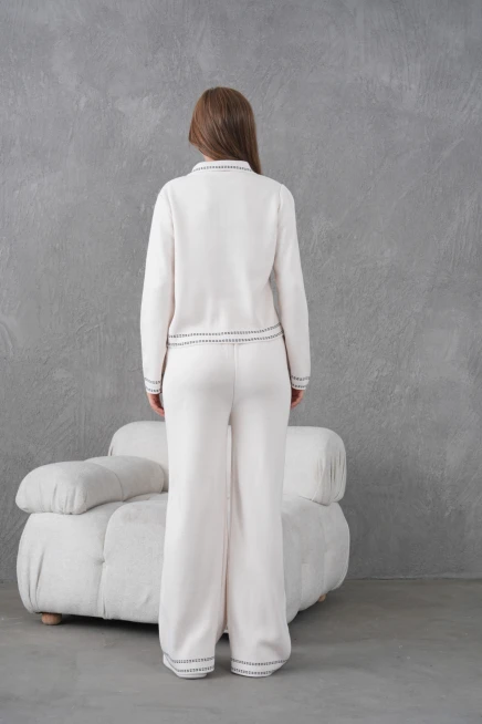 Kadın Gömlek Yaka Düğme Detay Ceket Pantolon İkili Triko Takım