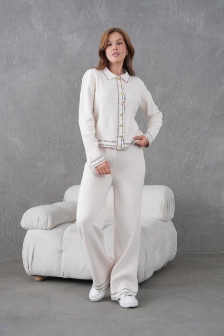 Kadın Gömlek Yaka Düğme Detay Ceket Pantolon İkili Triko Takım