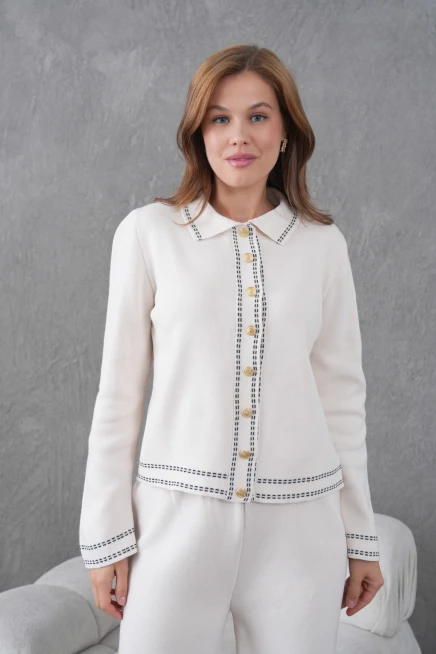 Kadın Gömlek Yaka Düğme Detay Ceket Pantolon İkili Triko Takım