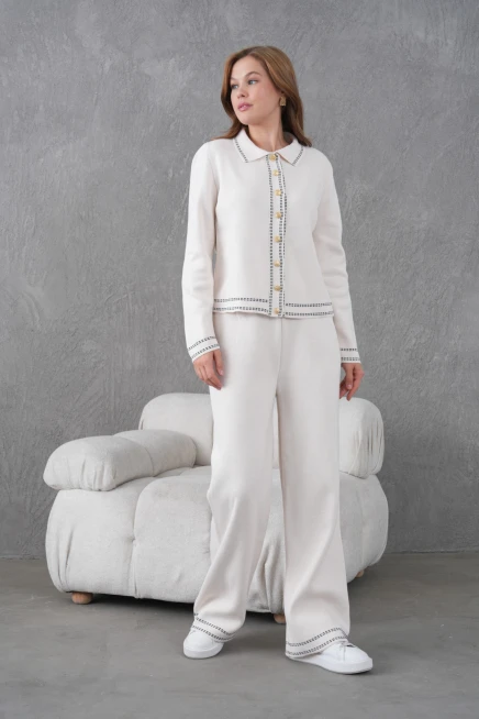 Kadın Gömlek Yaka Düğme Detay Ceket Pantolon İkili Triko Takım