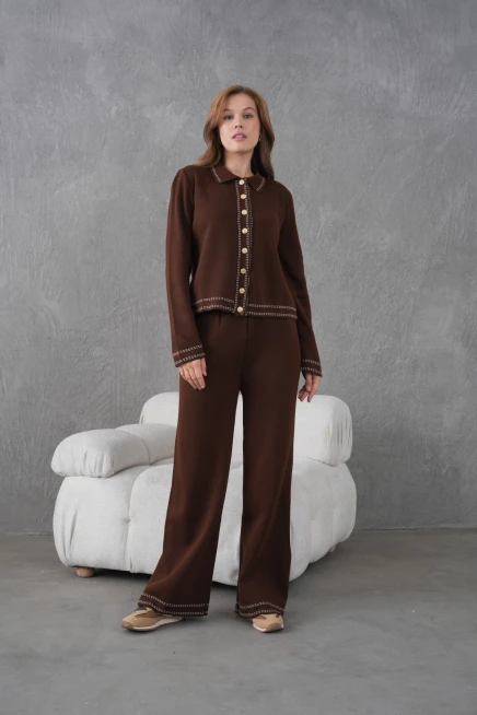 Kadın Gömlek Yaka Düğme Detay Ceket Pantolon İkili Triko Takım