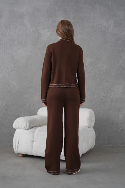 Kadın Gömlek Yaka Düğme Detay Ceket Pantolon İkili Triko Takım