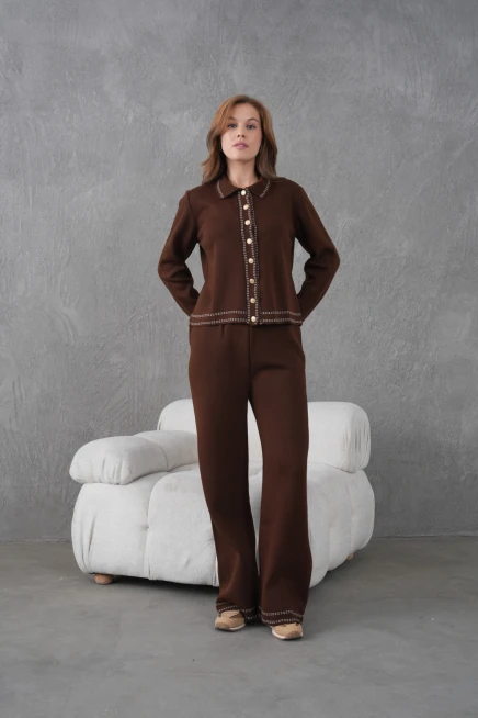 Kadın Gömlek Yaka Düğme Detay Ceket Pantolon İkili Triko Takım