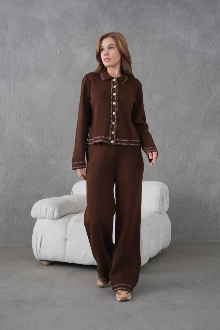 Kadın Gömlek Yaka Düğme Detay Ceket Pantolon İkili Triko Takım