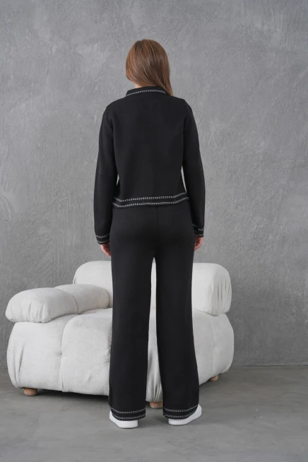 Kadın Gömlek Yaka Düğme Detay Ceket Pantolon İkili Triko Takım