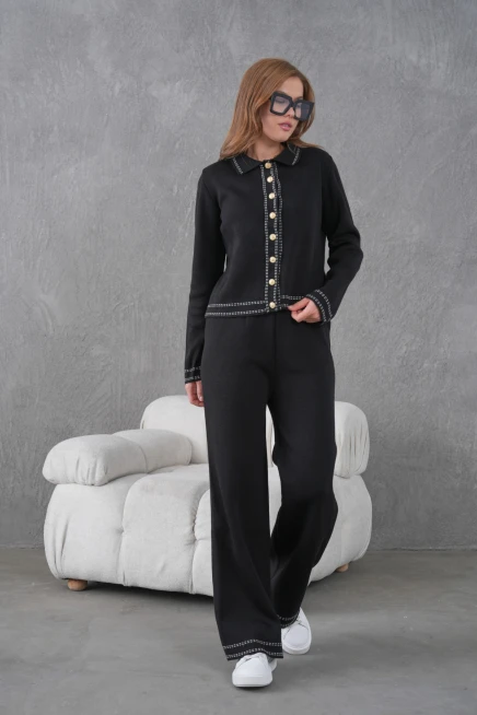 Kadın Gömlek Yaka Düğme Detay Ceket Pantolon İkili Triko Takım