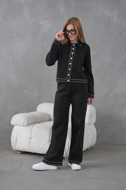 Kadın Gömlek Yaka Düğme Detay Ceket Pantolon İkili Triko Takım