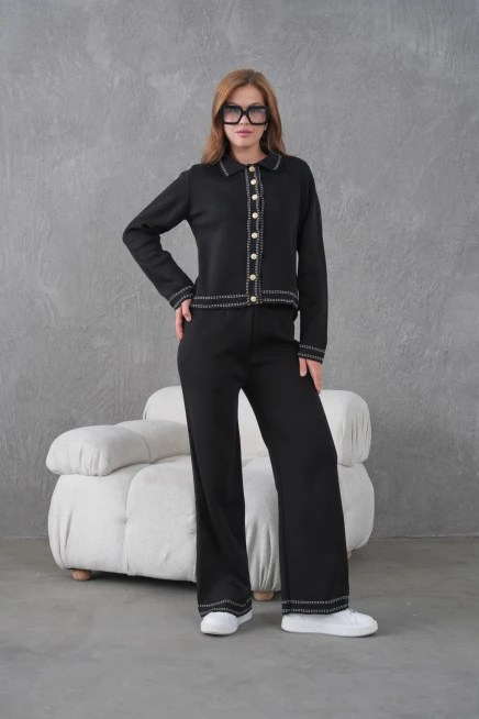 Kadın Gömlek Yaka Düğme Detay Ceket Pantolon İkili Triko Takım