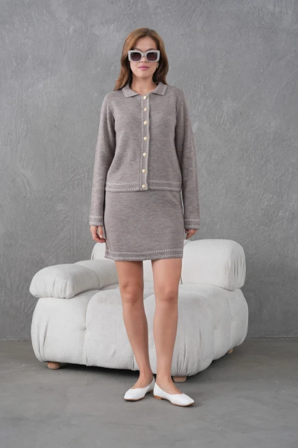 Kadın Gömlek Yaka Düğme Kapama Desenli Ceket Etek İkili Triko Takım