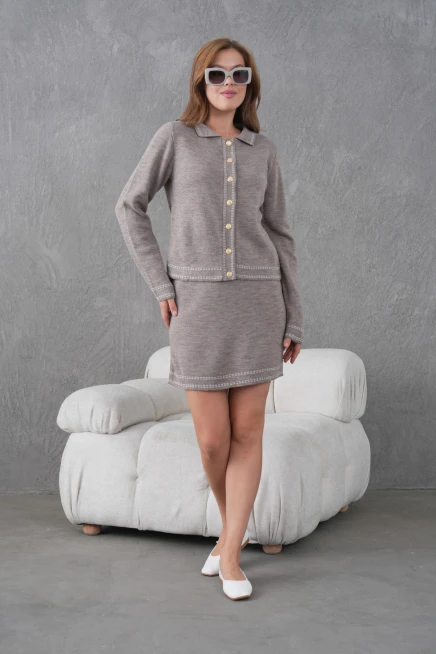 Kadın Gömlek Yaka Düğme Kapama Desenli Ceket Etek İkili Triko Takım