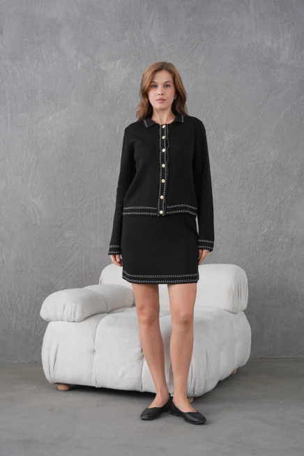 Kadın Gömlek Yaka Düğme Kapama Desenli Ceket Etek İkili Triko Takım