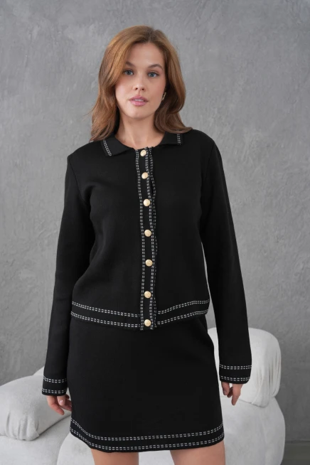 Kadın Gömlek Yaka Düğme Kapama Desenli Ceket Etek İkili Triko Takım