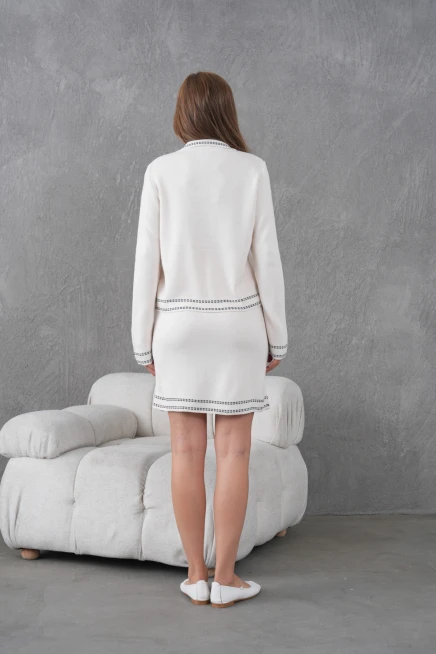 Kadın Gömlek Yaka Düğme Kapama Desenli Ceket Etek İkili Triko Takım