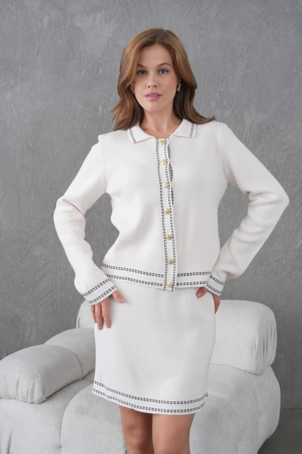 Kadın Gömlek Yaka Düğme Kapama Desenli Ceket Etek İkili Triko Takım