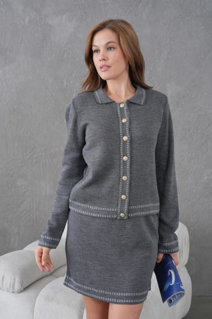 Kadın Gömlek Yaka Düğme Kapama Desenli Ceket Etek İkili Triko Takım