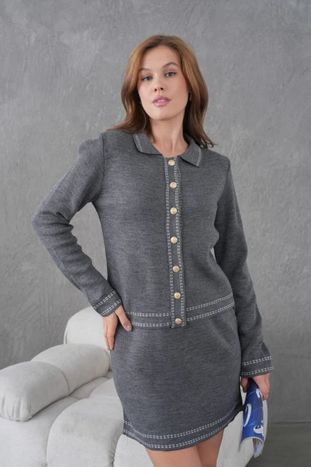 Kadın Gömlek Yaka Düğme Kapama Desenli Ceket Etek İkili Triko Takım