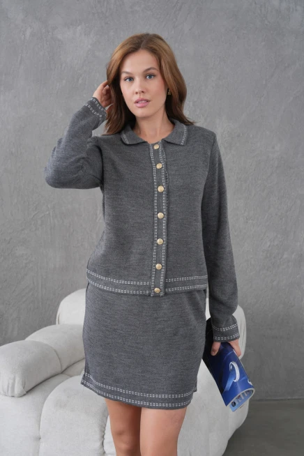 Kadın Gömlek Yaka Düğme Kapama Desenli Ceket Etek İkili Triko Takım