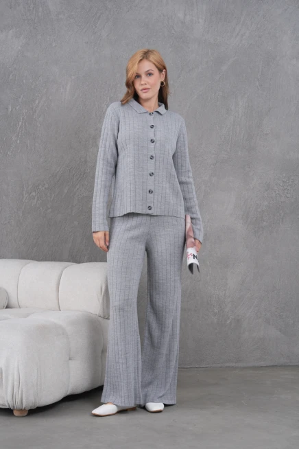 Kadın Gömlek Yaka Düğme Kapama Desenli Ceket Pantolon İkili Triko Takım