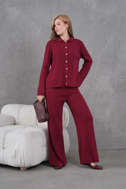 Kadın Gömlek Yaka Düğme Kapama Desenli Ceket Pantolon İkili Triko Takım