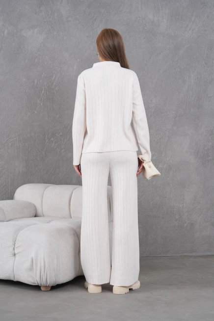 Kadın Gömlek Yaka Düğme Kapama Desenli Ceket Pantolon İkili Triko Takım