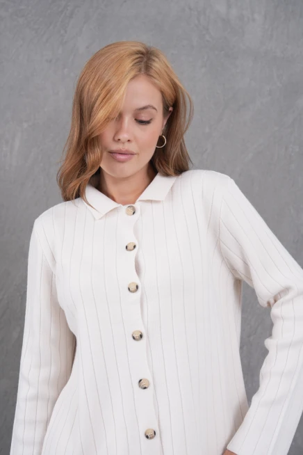 Kadın Gömlek Yaka Düğme Kapama Desenli Ceket Pantolon İkili Triko Takım