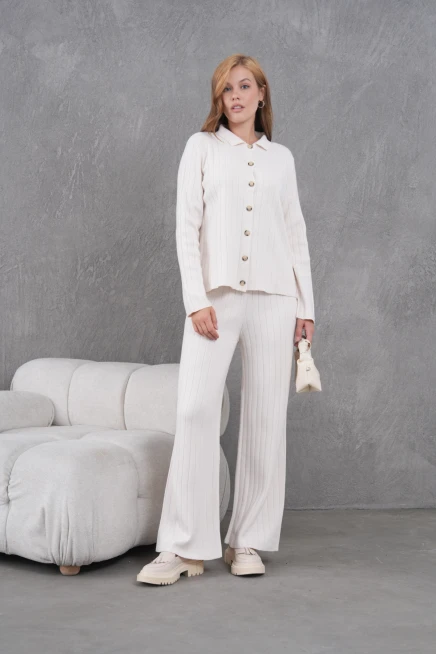 Kadın Gömlek Yaka Düğme Kapama Desenli Ceket Pantolon İkili Triko Takım