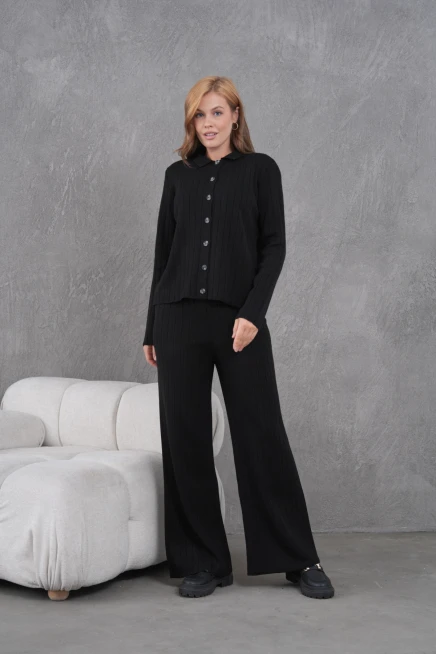 Kadın Gömlek Yaka Düğme Kapama Desenli Ceket Pantolon İkili Triko Takım