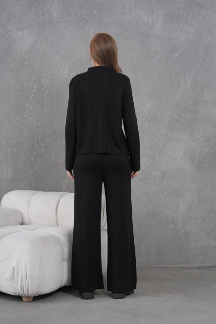 Kadın Gömlek Yaka Düğme Kapama Desenli Ceket Pantolon İkili Triko Takım