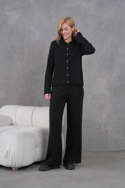 Kadın Gömlek Yaka Düğme Kapama Desenli Ceket Pantolon İkili Triko Takım