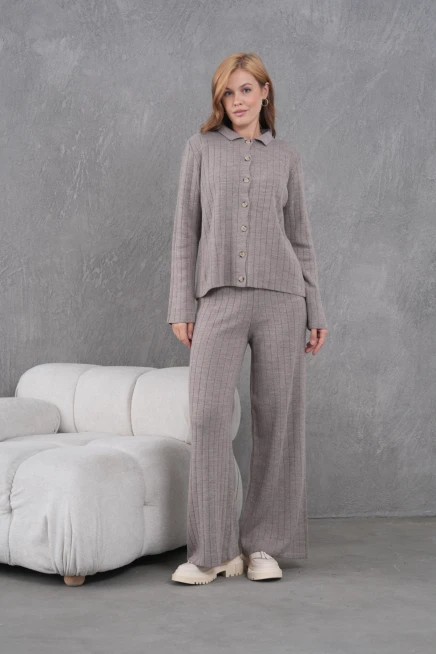 Kadın Gömlek Yaka Düğme Kapama Desenli Ceket Pantolon İkili Triko Takım