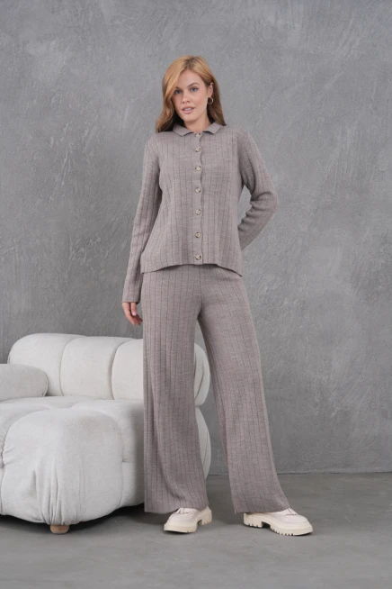 Kadın Gömlek Yaka Düğme Kapama Desenli Ceket Pantolon İkili Triko Takım