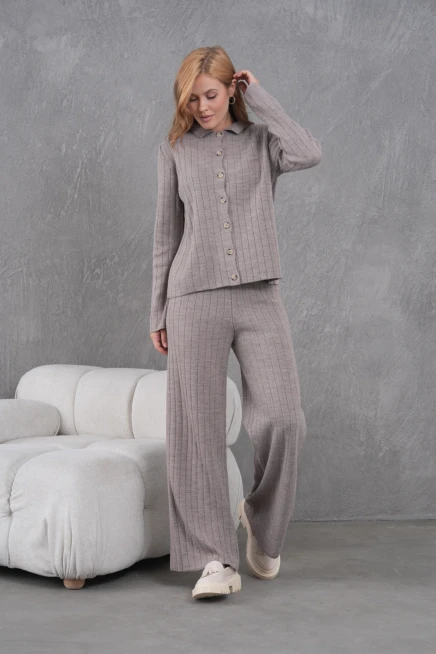 Kadın Gömlek Yaka Düğme Kapama Desenli Ceket Pantolon İkili Triko Takım