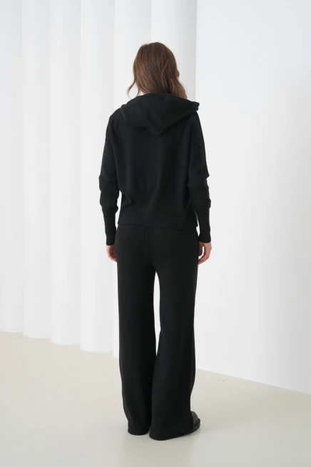 Kadın Kapşonlu Fermuar Kapam Hırka Pantolon İkili Triko Takım