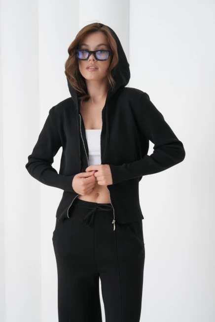 Kadın Kapşonlu Fermuar Kapam Hırka Pantolon İkili Triko Takım