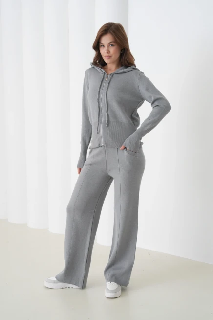 Kadın Kapşonlu Fermuar Kapam Hırka Pantolon İkili Triko Takım