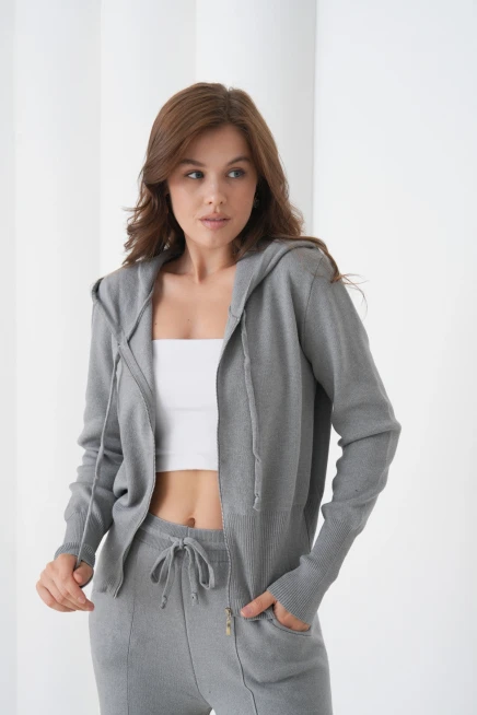 Kadın Kapşonlu Fermuar Kapam Hırka Pantolon İkili Triko Takım