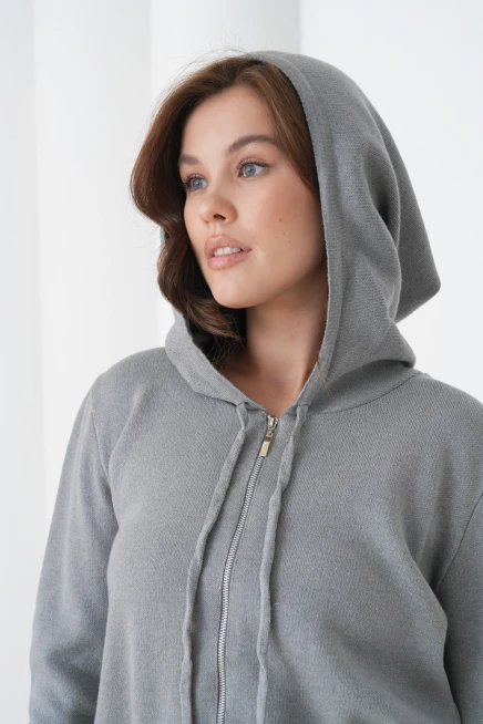 Kadın Kapşonlu Fermuar Kapam Hırka Pantolon İkili Triko Takım