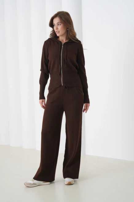 Kadın Kapşonlu Fermuar Kapam Hırka Pantolon İkili Triko Takım