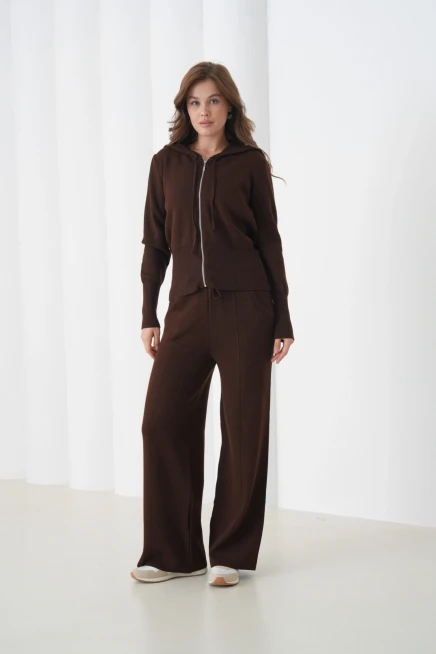 Kadın Kapşonlu Fermuar Kapam Hırka Pantolon İkili Triko Takım