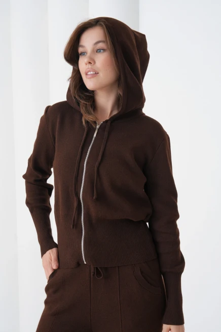 Kadın Kapşonlu Fermuar Kapam Hırka Pantolon İkili Triko Takım