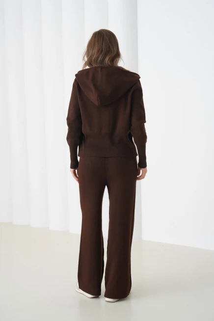 Kadın Kapşonlu Fermuar Kapam Hırka Pantolon İkili Triko Takım