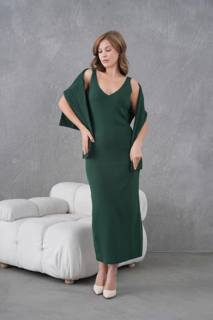 Kadın Kayık Yaka Örgü Detay Bluz Elbise İkili Trko Takım