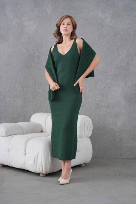 Kadın Kayık Yaka Örgü Detay Bluz Elbise İkili Trko Takım