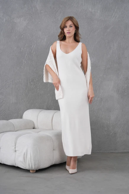 Kadın Kayık Yaka Örgü Detay Bluz Elbise İkili Trko Takım