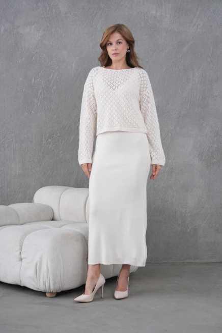 Kadın Kayık Yaka Örgü Detay Bluz Elbise İkili Trko Takım