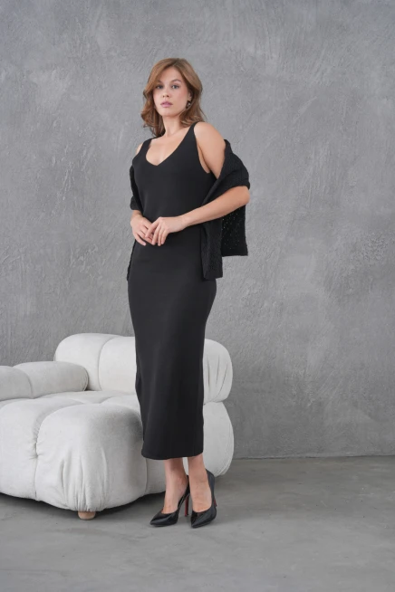 Kadın Kayık Yaka Örgü Detay Bluz Elbise İkili Trko Takım