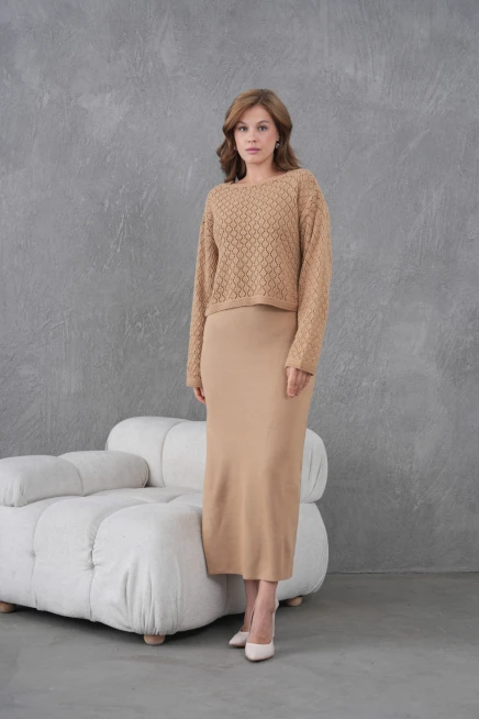 Kadın Kayık Yaka Örgü Detay Bluz Elbise İkili Trko Takım