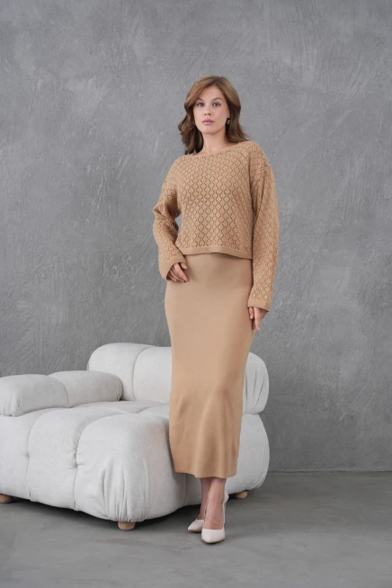 Kadın Kayık Yaka Örgü Detay Bluz Elbise İkili Trko Takım