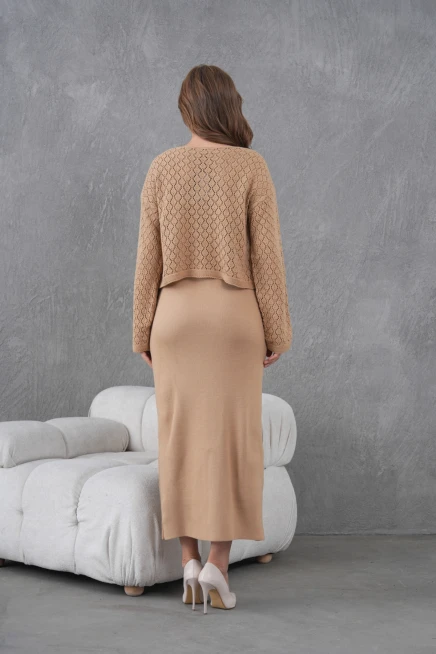 Kadın Kayık Yaka Örgü Detay Bluz Elbise İkili Trko Takım